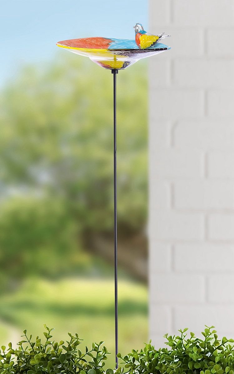 tuinsteker vogel met waterdrinkbak XL- glas - 113x31 cm - mondgeblazen | bol.com