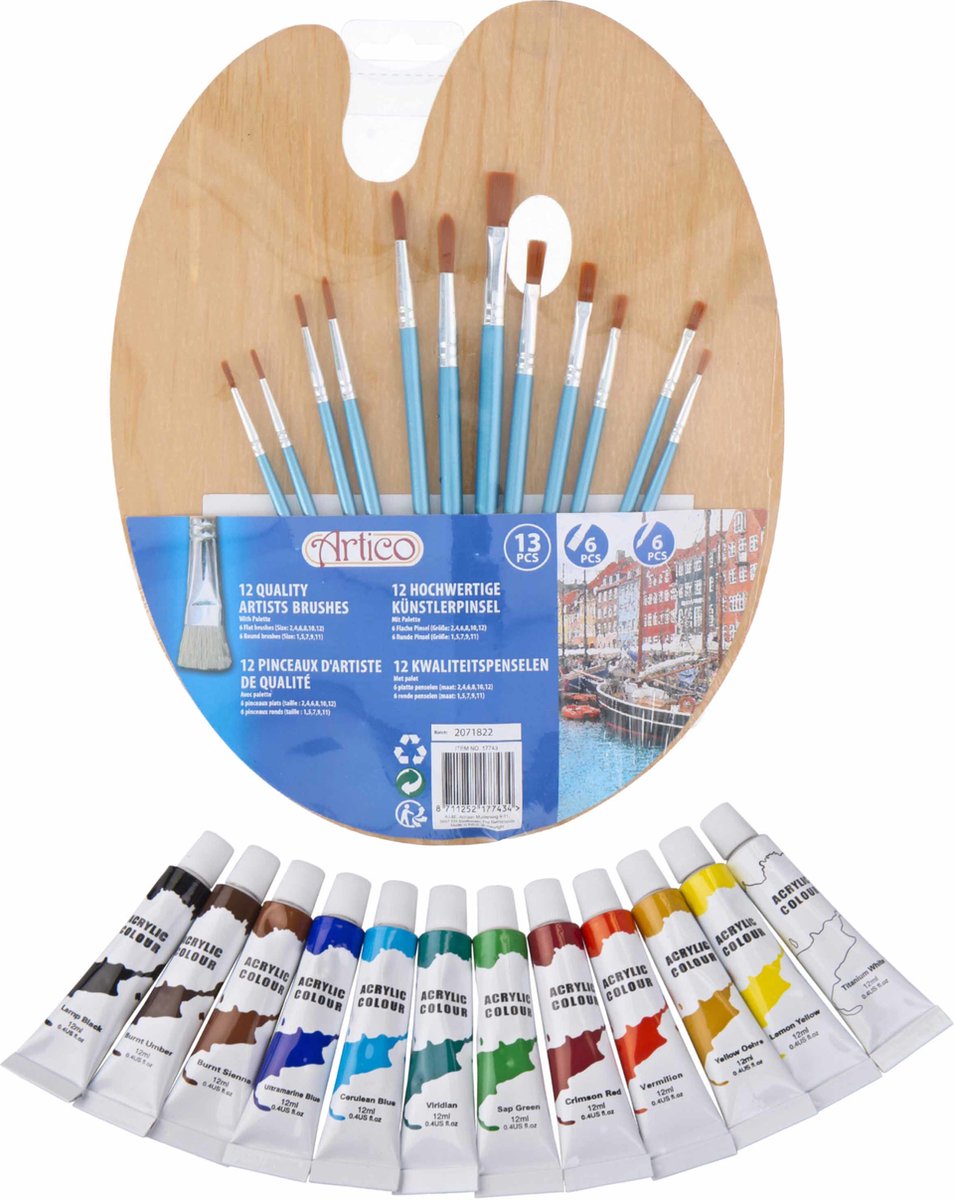 Hobby/knutsel schilderen set van 12 kleuren acryl verf met houten palet en 12 verfkwasten