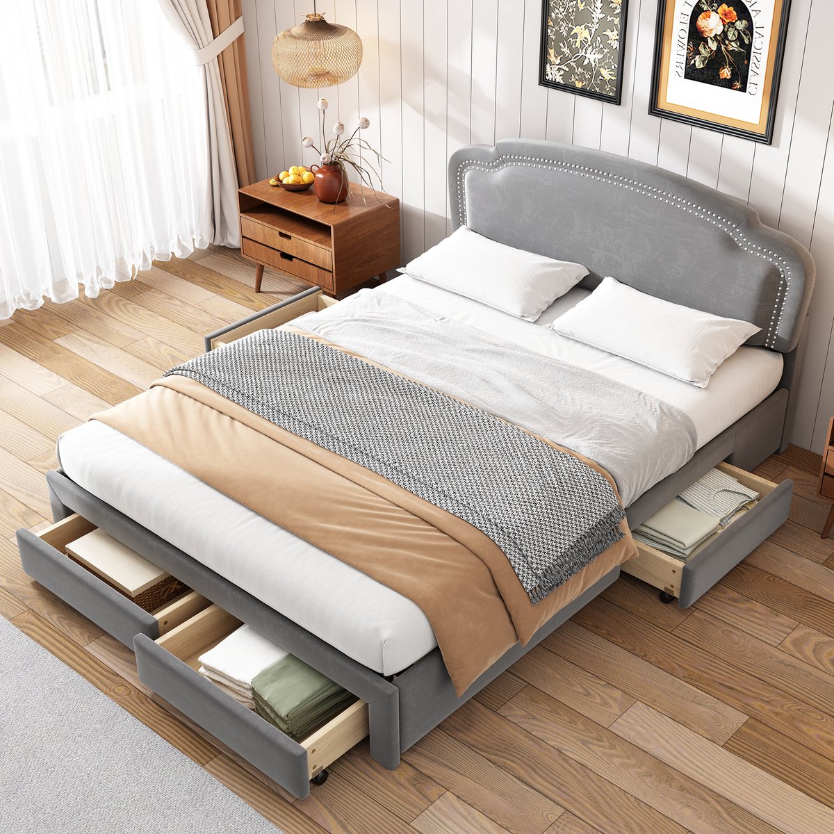 Queen Velvet Bedframe met 4 Opberglades-gestoffeerd Platform Bed met Hoofdbord-dubbel bed 140 x 200cm-grijs