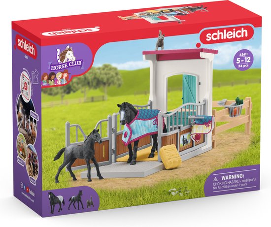 schleich HORSE CLUB - Paardenbox - met Merrie & Veulen - Afneembaar Zadel & Hoofdstel - Paarden Speelgoed - Kinderspeelgoed