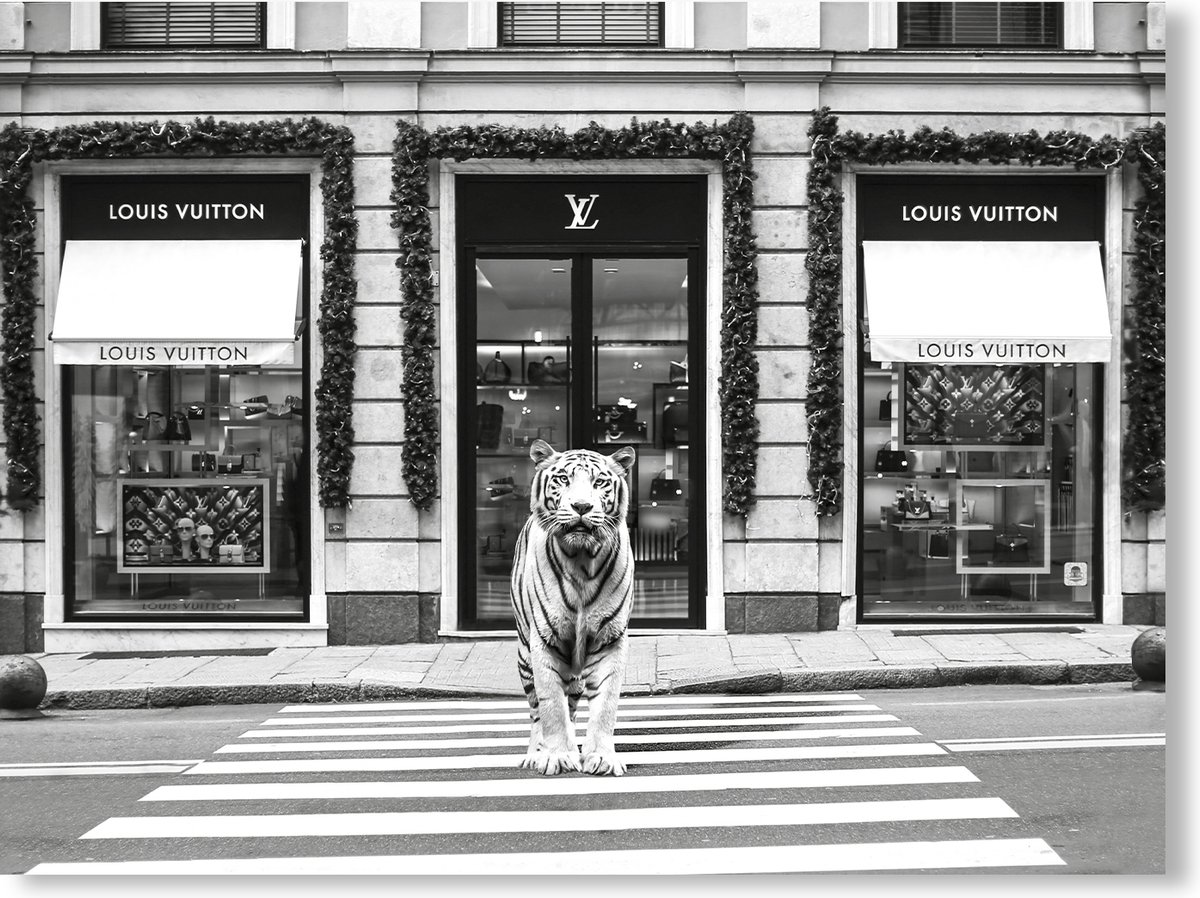 Schilderij Woonkamer - Canvas Schilderij LV Tiger - Zwart/Wit - 100 x 75 cm - PosterGuru