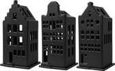 Waxinelichthouder - zwart - set van 3 - 17 cm - grachtenhuisjes - grachtenpand