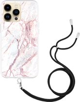 iPhone 14 Pro Max Hoesje met Koord White Pink Marble - Designed by Cazy