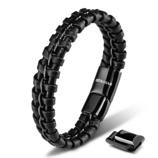 SERASAR Premium Leren Armband Heren [Joy] - Zwart 20cm - Beste Cadeau voor Hem
