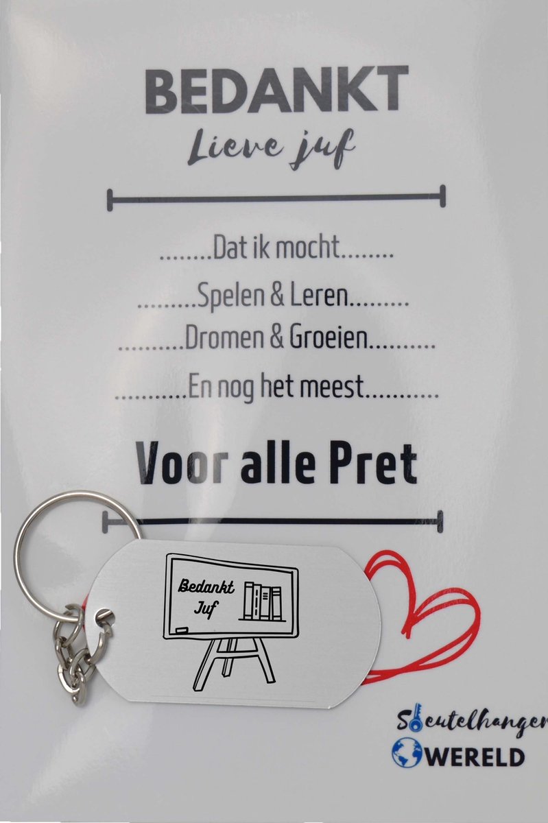 Bedankt juf Sleutelhanger inclusief kaart - juf cadeau – Cadeaupakket Juf - einde schooljaar - afscheid - Leuk kado voor je juf om te geven - 2.9 x 5.4CM