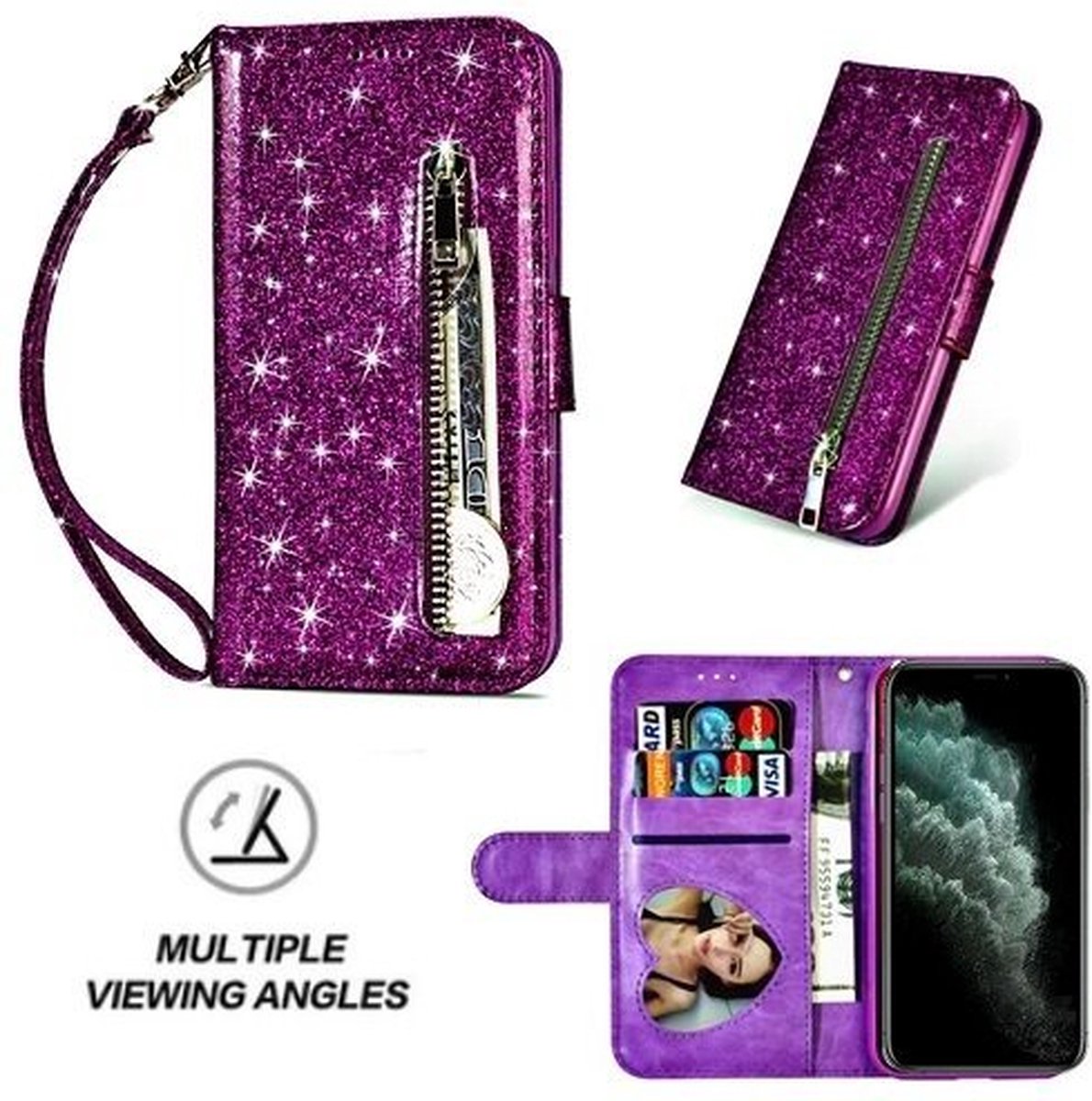 iPhone 11 Pro Glitter Hoesje Met Pasjeshouder Bookcase Paars