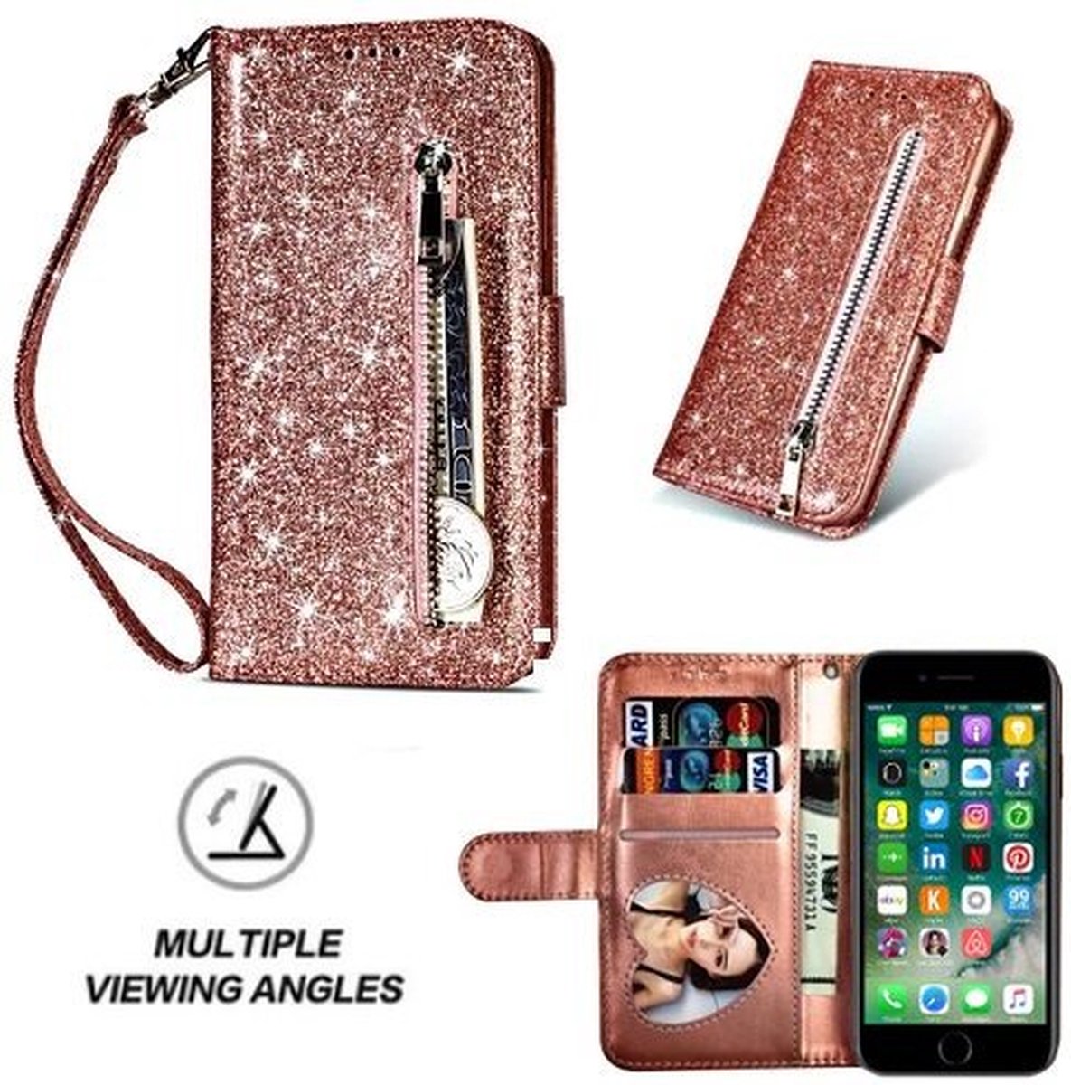 iPhone 7 Glitter Hoesje Met Pasjeshouder Bookcase Rose Goud