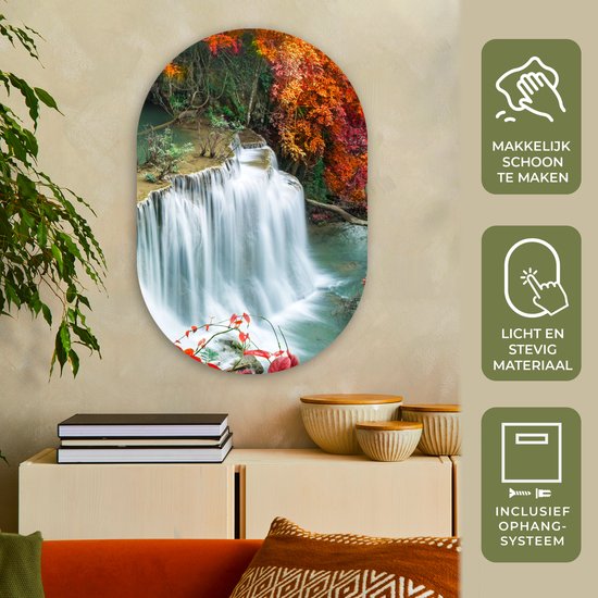 Miroir ovale - Décoration murale en plastique - Tableau ovale - Arbres - Cascade - Automne - Nature - 60x90 cm - Forme miroir ovale sur plastique