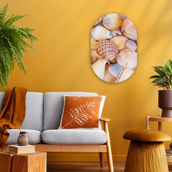 Ovale mural - Décoration murale en plastique - Tableau ovale - Coquillages - Plage - Été - Oranje - 40x60 cm - Forme miroir ovale sur plastique