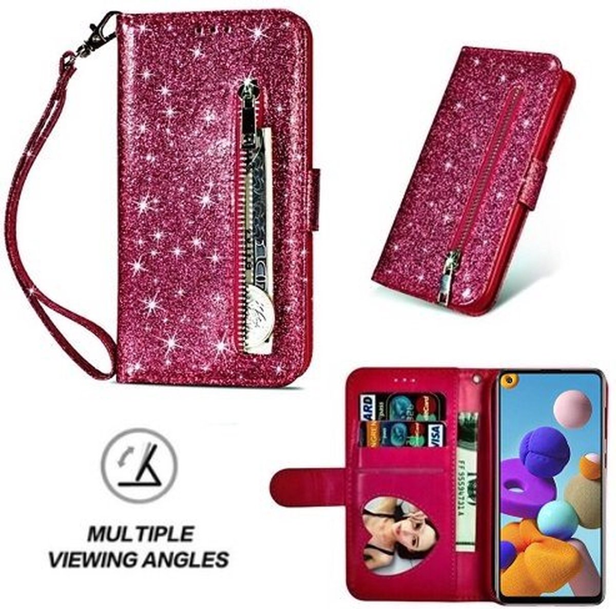 Samsung A21s Glitter Hoesje Met Pasjeshouder Bookcase Roze