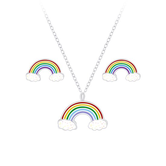 Joy|S - Zilveren sieradenset regenboog - oorbellen - hanger met ketting - voor kinderen