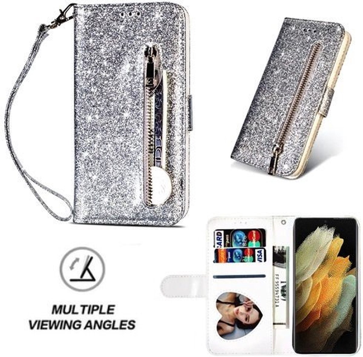 Samsung S21 Ultra Glitter Hoesje Met Pasjeshouder Bookcase Zilver