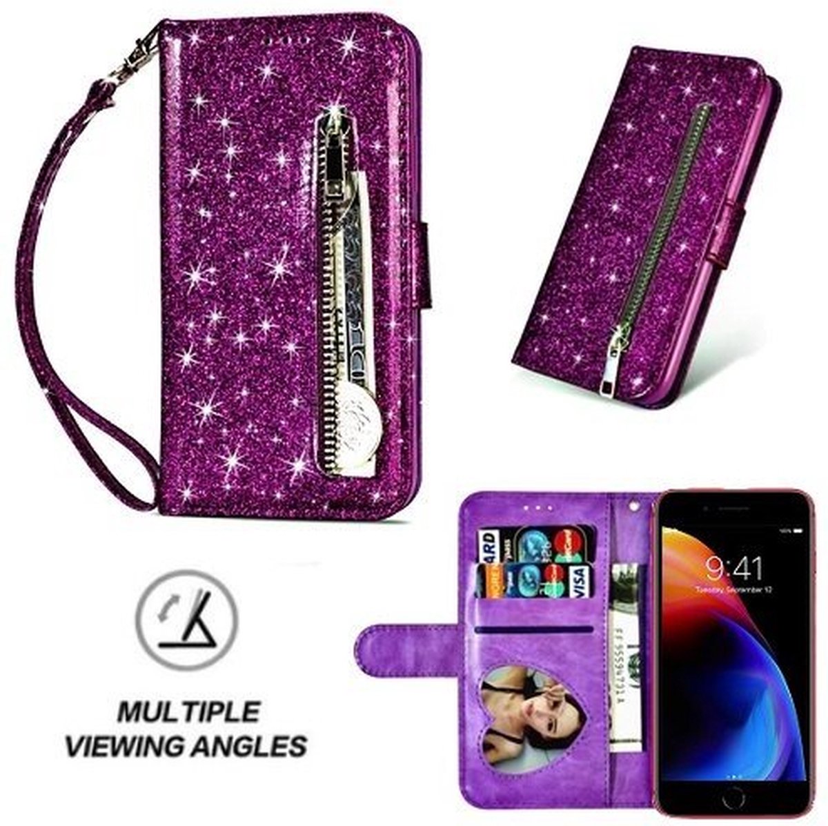 iPhone 8 Glitter Hoesje Met Pasjeshouder Bookcase Paars