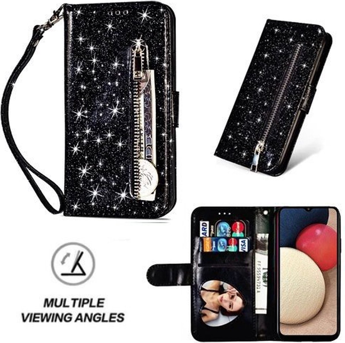 Samsung A02s Glitter Hoesje Met Pasjeshouder Bookcase Zwart