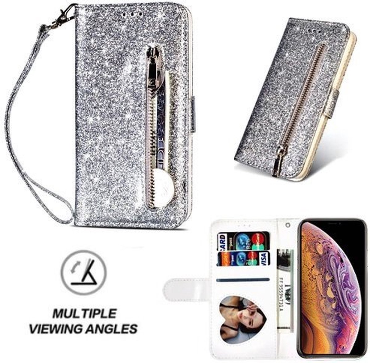 iPhone XS Glitter Hoesje Met Pasjeshouder Bookcase Zilver