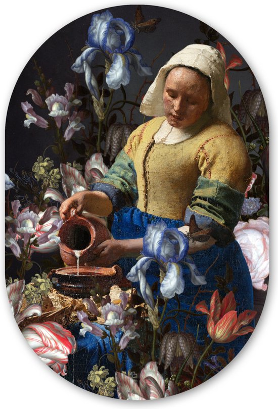 Muurovaal - Kunststof Wanddecoratie - Ovalen Schilderij - Melkmeisje - Johannes Vermeer - Bloemen - 60x90 cm - Ovale spiegel vorm op kunststof