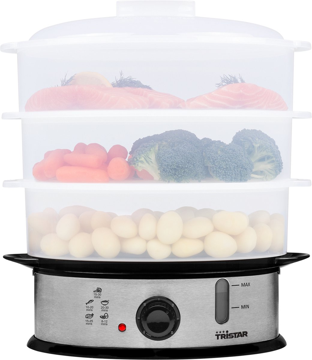 Tristar Stoomkoker VS-3914 Steam Cooker voor o.a. vlees vis groenten aardappelen en rijst Voedselstomer 3 lagen BPA vrij 11 liter 1200 Watt Vaatwasserbestendige onderdelen RVS