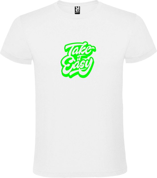 Wit T-Shirt met “ Take it Easy “ afbeelding Neon Groen Size XXXXL