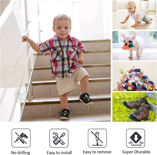 UISEBRT Beschermingsnet voor trappen, leuning, polyester, 450 x 91 cm, trapbeschermingsnet voor kinderen, veiligheidsnet, trapleuning, hek, valbescherming voor balkon, trap, hoogslaper, wit
