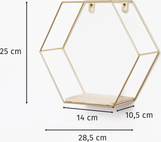 Gouden metalen zeshoekig wandrek met houten plankje, 25x28,5 cm.