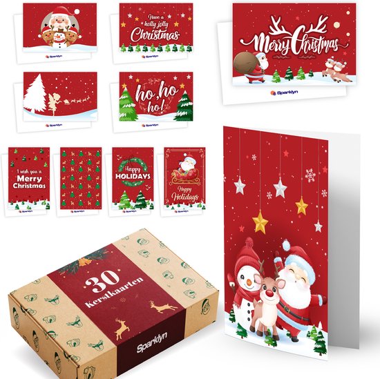 Sparklyn 30x Luxe Dubbelzijdige Kerstkaarten met Enveloppen Sets - Blanco - 15x10 cm - Kerstkaarten 2022