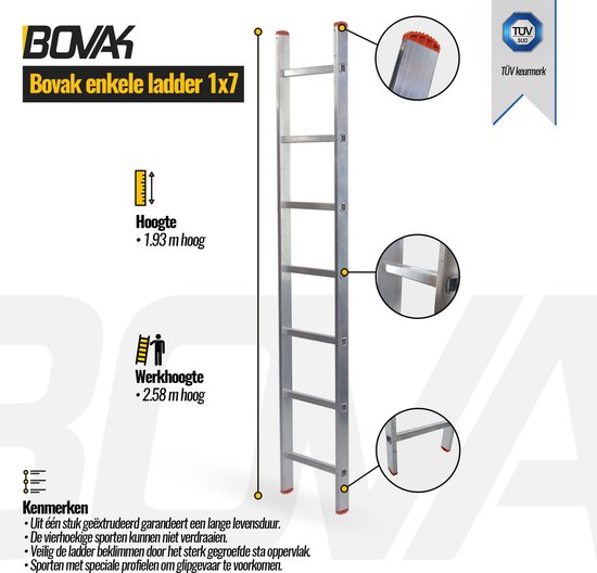 Bovak enkele ladder- rechte 1x7 treden - Werkhoogte 2,58 - Aluminium |