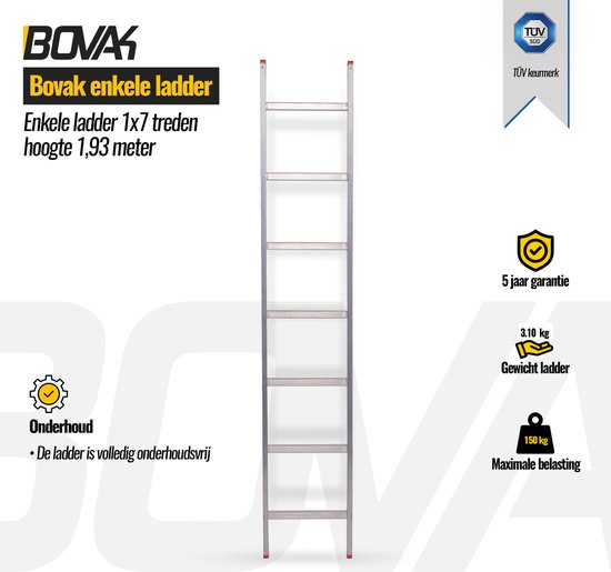 Bovak enkele ladder- rechte ladder 1x7 treden - Werkhoogte - -... | bol.com