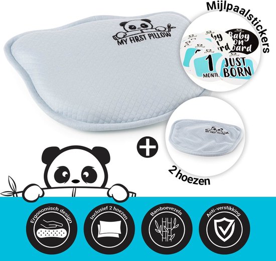 Vitapur Baby Hoofdkussen - Kinder Hoofdkussen - My First Panda Pillow - Kussen tot 1 jaar - Traagschuim Hoofdkussen - 26x23 cm - Blauw