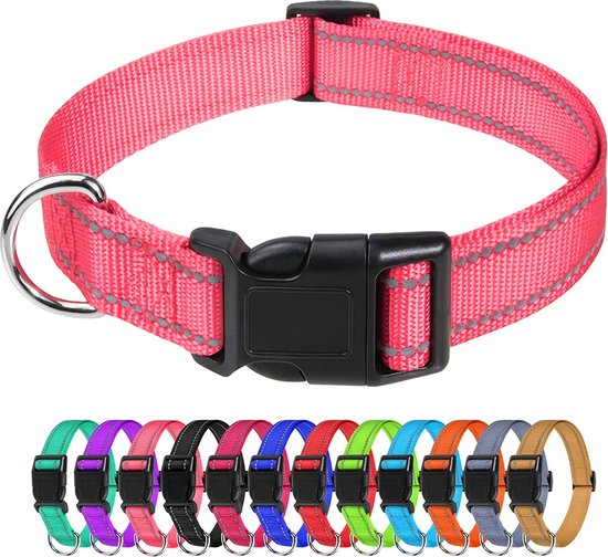Lichtroze halsband met reflecterende strepen en zwarte gesp. Diverse kleuren onderaan.