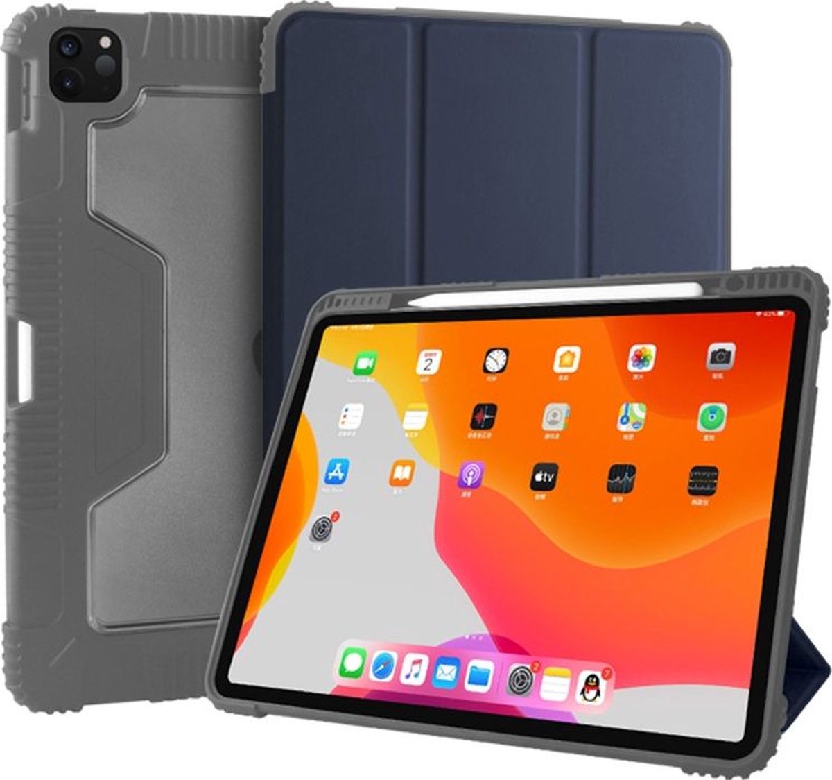 Mobigear Tri-Fold Tough - Apple iPad Pro 12.9 (2022) Hoes Bookcase + Stylus Houder - Zwart / Marineblauw