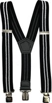 Flores Lederwaren - Heren - Dames Bretels – 3 brede stalen clips bretel - Unisex volwassenen -Motorrijders – Spijkerbroek – Beroepskleding – Skikleding – Kleur/Motief: Zwart Dubbele Witte Streep.