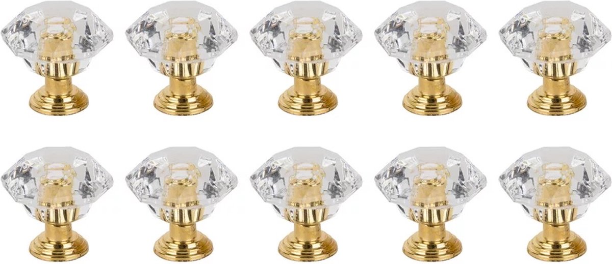 Diamant Deurknopjes Gold 10 stuks voor Kasten en Laden - Glas Glazen Kristal Deur Knop Deurknoppen Deurknopjes Knopjes - 17,8 x 18 mm /Klein Gold 10x