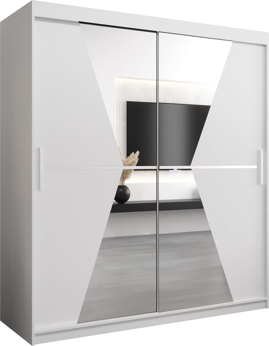 InspireME Kledingkast met 2 schuifdeuren, Modern-stijl, Een kledingkast met planken en een spiegel (BxHxD): 180x200x62 - TOTO 180 Wit Mat met 4 lades
