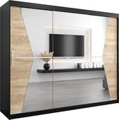 InspireMe - Kledingkast met 3 schuifdeuren, Modern-stijl, Een kledingkast met planken en een spiegel (BxHxD): 250x200x62 - TOTO 250 Zwart Mat + Sonoma Eik mat 4 lades
