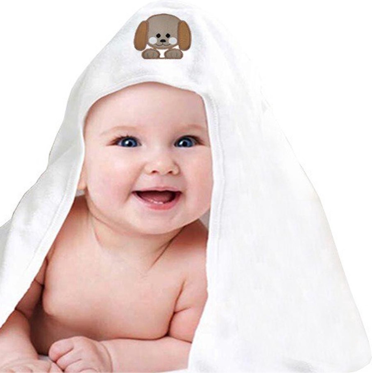 Badcape met capuchon + Baby Handdoeken wit - puppy -75x75 cm - - 400g.m² 100% katoen