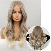 Perruque Blonde Luxe - Perruques Cheveux Longs Femme - Perruques Lace Front - Incl. Filet à Cheveux - Blond Cendré & Blond - 55 cm