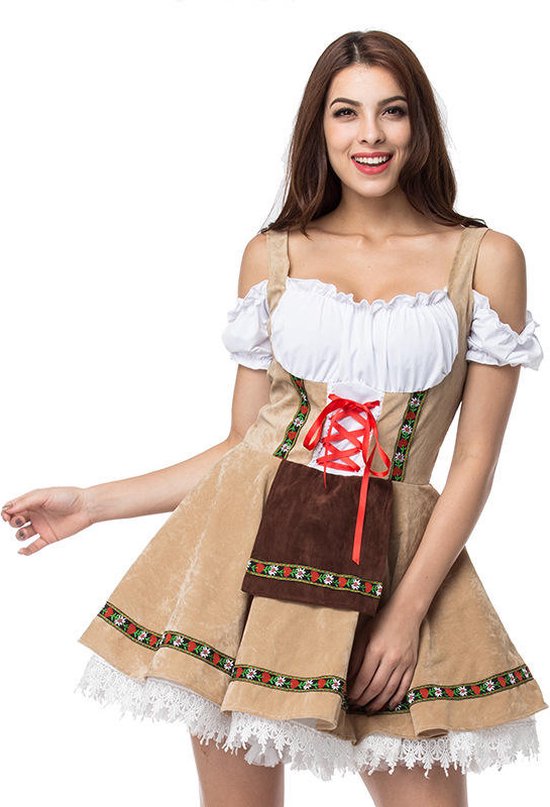 Robe Veran Tiroler - Femme - Oktoberfest - Tiroler - Dirndl - Marron - Beige - Wit - Rouge - L