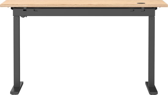 Blanke, verstelbare bureautafel met zwart frame en een gat voor kabels.