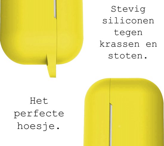 Twee close-ups van een gele siliconen case voor AirPods Pro, met tekst "Stevig siliconen tegen krassen en stoten. Het perfecte hoesje."