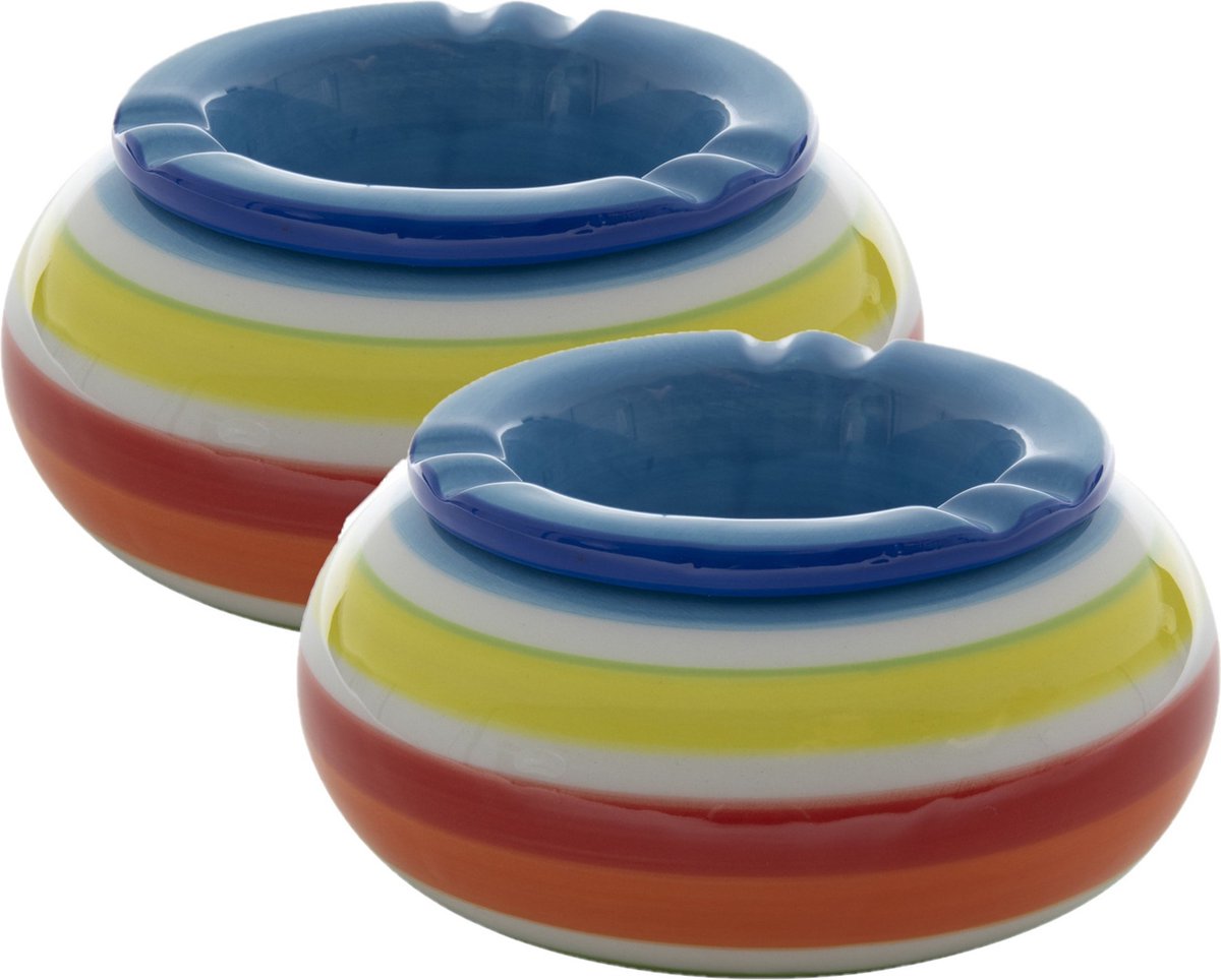 Stormasbak - 2x stuks - rond - terras asbak - blauw - keramiek - 14 x 7 cm - handig voor buiten