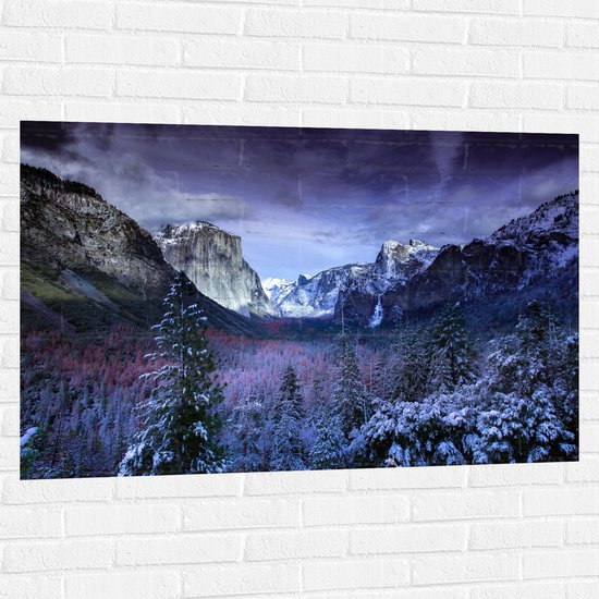 WallClassics - Muursticker - Besneeuwde Bergen met Bomen en Rotsen - 120x80 cm Foto op Muursticker