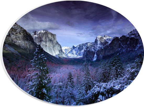 WallClassics - PVC Schuimplaat Ovaal - Besneeuwde Bergen met Bomen en Rotsen - 28x21 cm Foto op Ovaal  (Met Ophangsysteem)