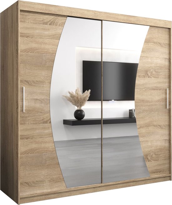 InspireMe - Kledingkast met 2 schuifdeuren, Modern-stijl, Een kledingkast met planken en een spiegel (BxHxD): 200x200x62 - KAHUNA 200 Sonoma Eik