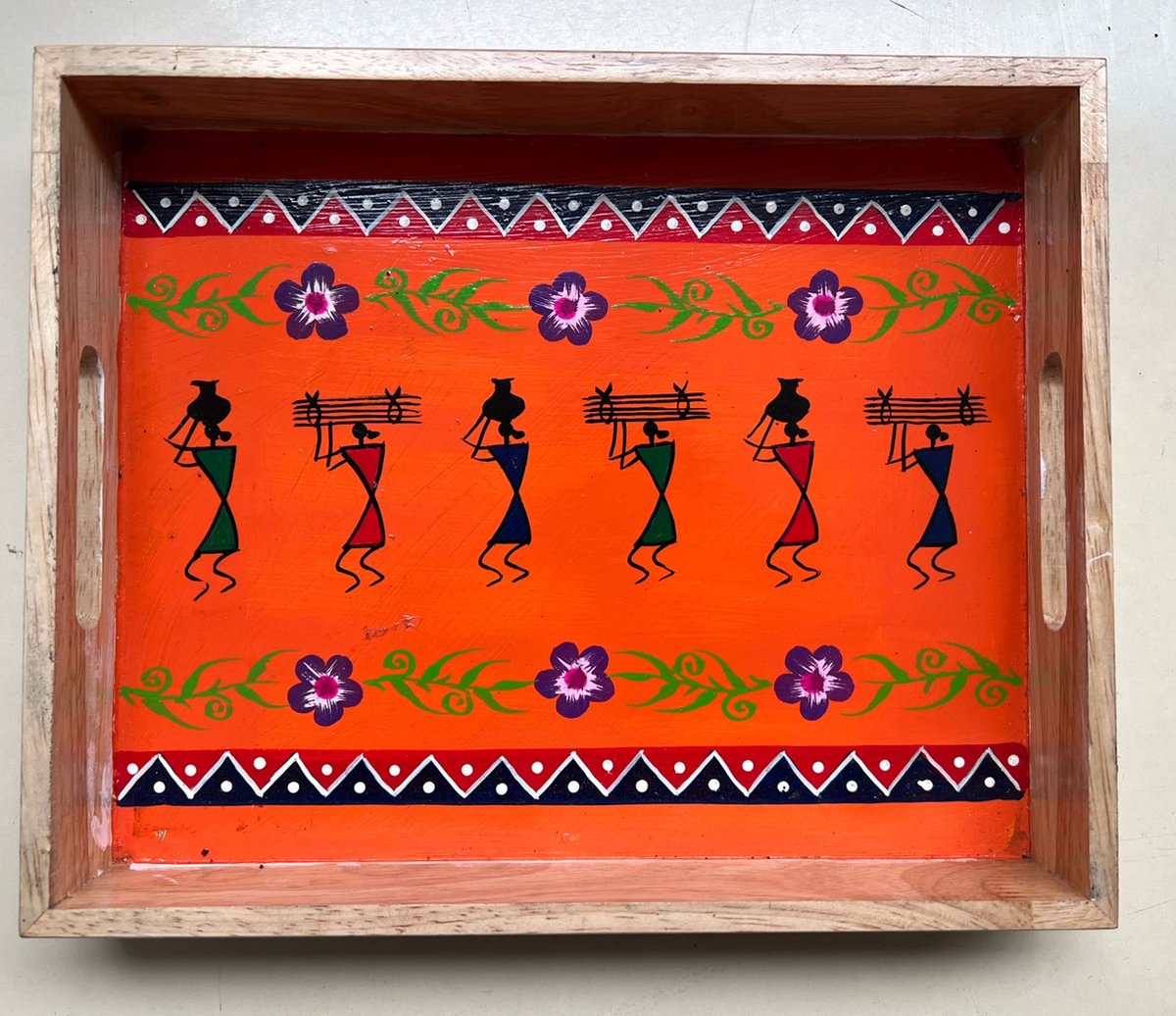 Hand Painted Warli Art Wooden Tray