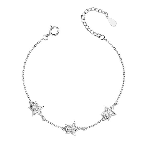 Joy|S - Zilveren ster armband - 3 sterren - 16/19 cm - zirkonia - gehodineerd