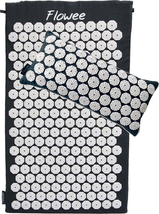 Foto: Flowee spijkermat spijkerkussen set grijs met wit 77x45 22x44cm acupressuur mat spijkerbed acupunctuur shakti massage