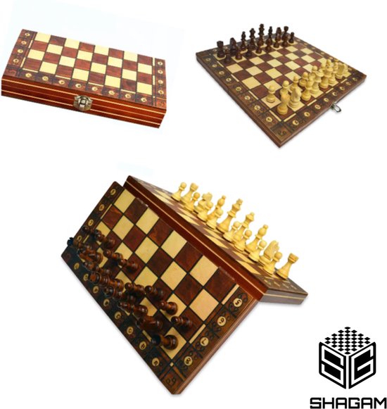 Afbeelding van het spel 3-in-1 Bordspel - 24 cm - Magnetisch - Schaakbord - Dambord - Backgammon - Schaakspel - Schaakset - Schaken - Dammen - Met Schaakstukken - Chess - Hout - Opklapbaar