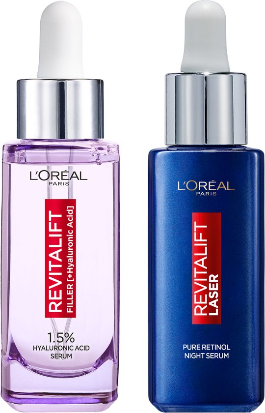 L'Oréal Paris Duo set Dag- en Nachtserum - Revitalift Filler 1,5% Hyaluronzuur Serum & Revitalift Laser X3 Puur Retinol Nachtserum - 2x 30ml