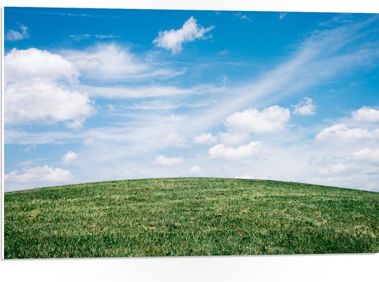 WallClassics - PVC Schuimplaat- Heldere Lucht met Wolken boven Gras Heuvel - 75x50 cm Foto op PVC Schuimplaat