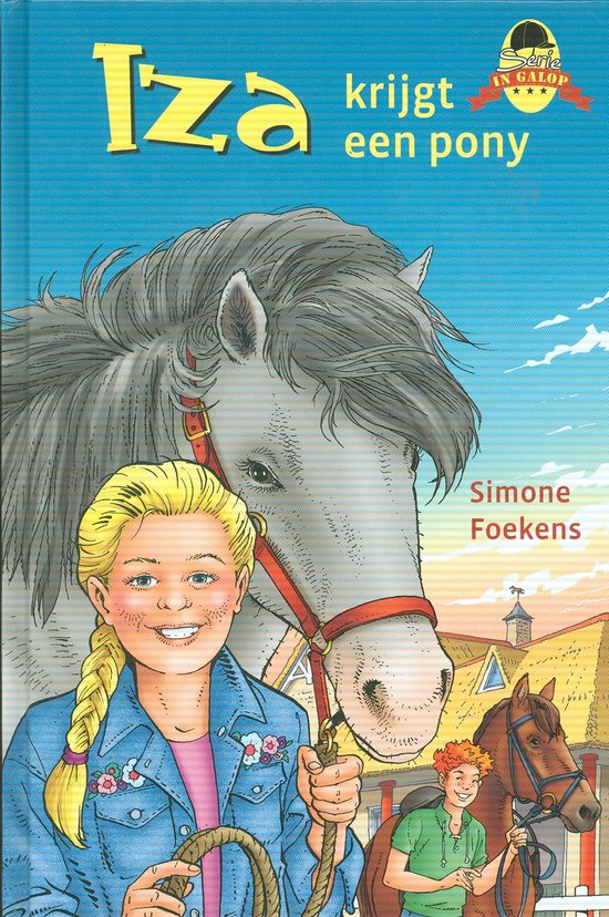 Boek 'Iza krijgt een pony' met illustratie van Iza, een pony en een paard.